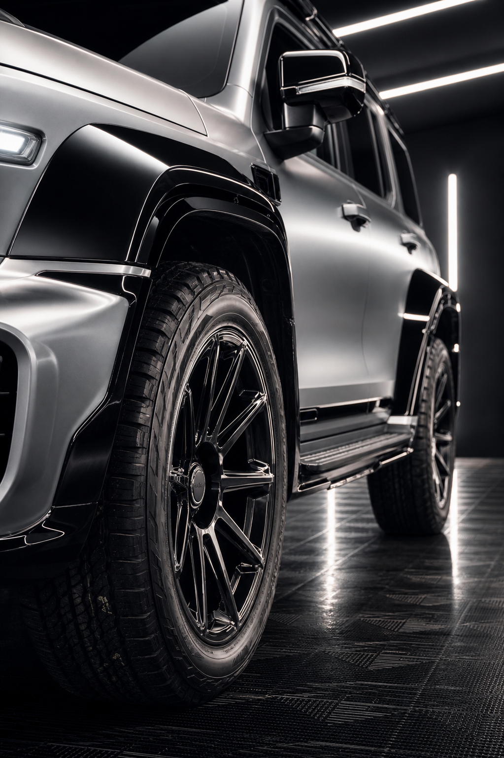 Detalhe de roda e body kit premium